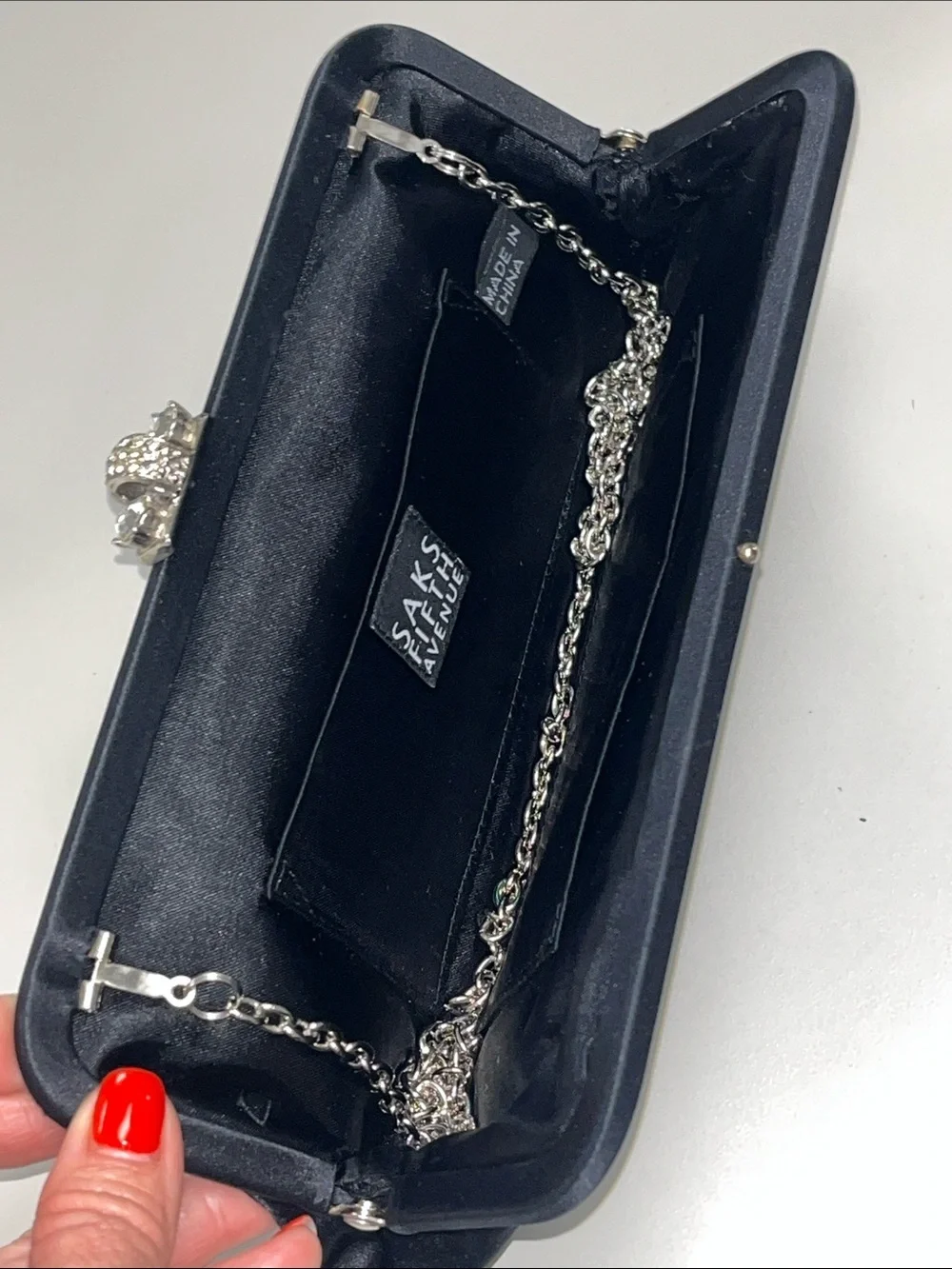 Saks Fifth Avenue Black Satin Jeweled Clasp Evening Clutch / Crossbody
